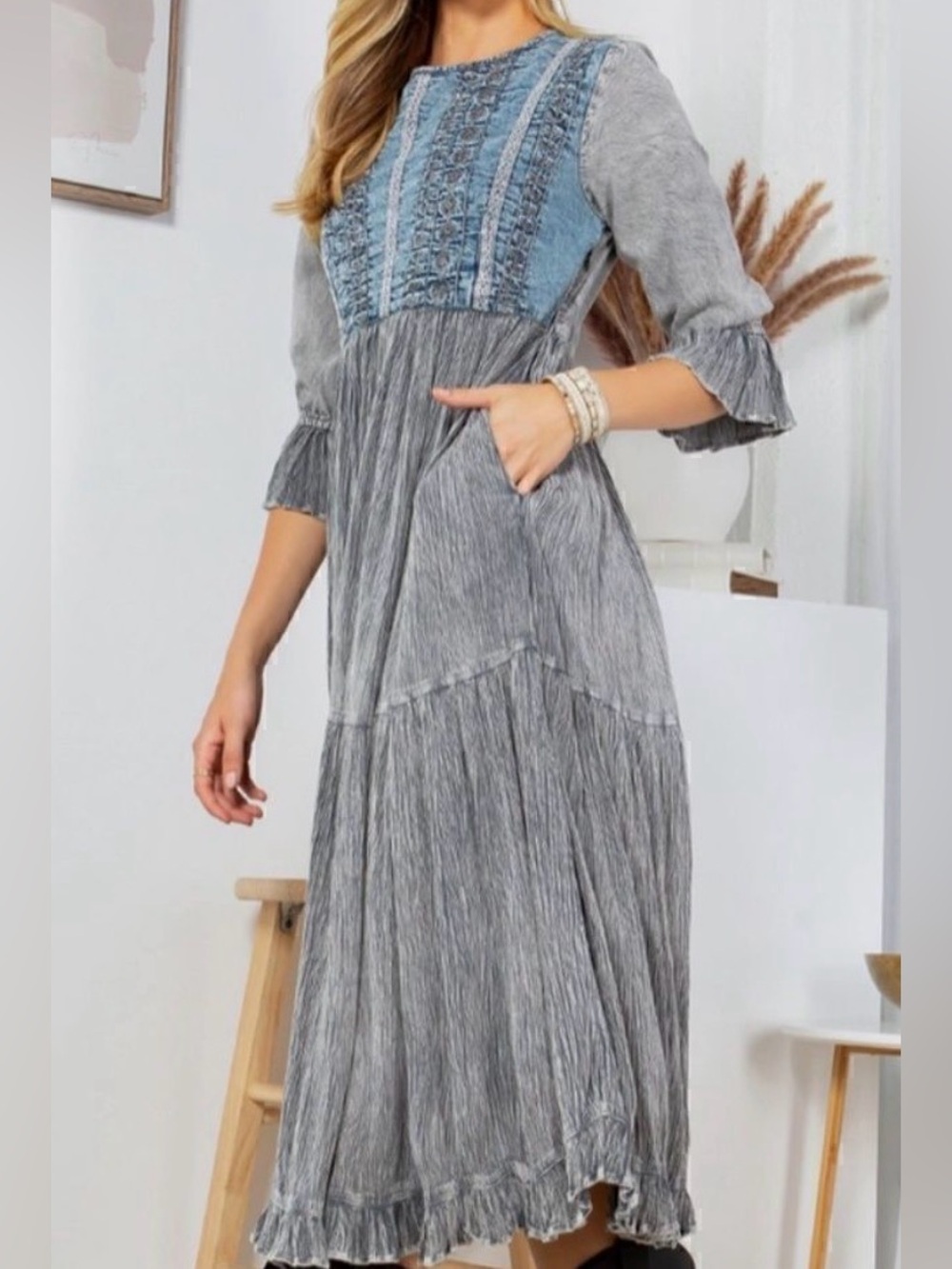 New Young Threads Grey Tiered Maxi Dress with Textured Bodice - Picture 3 of 8